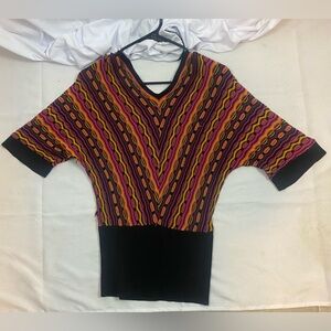 Women's Crazy Stripe Pink Orange Black Batwing Crochet Ugly Sweater Size Medium